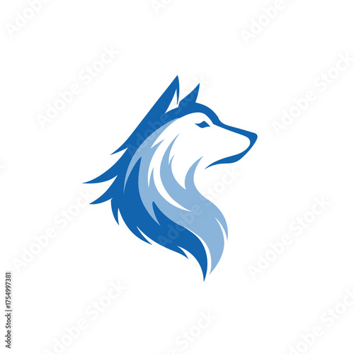 Stylized wolf head, side profile, with blue hues on white background
