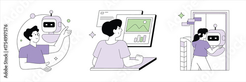 Vector art of people communicating with robots via video call concept of virtual communication and artificial intelligence