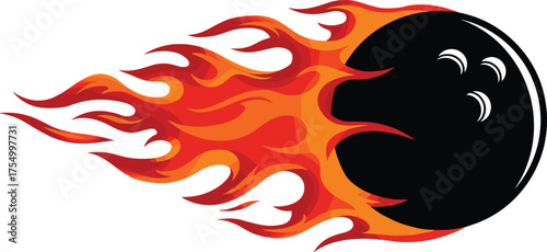 Flaming bowling ball with strike text, dynamic sports logo illustration symbolizing power, speed, competition, and energy for bowling tournament branding
