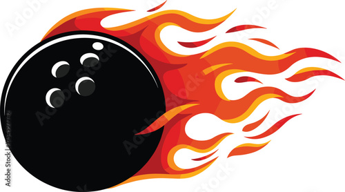 Flaming bowling ball with strike text, dynamic sports logo illustration symbolizing power, speed, competition, and energy for bowling tournament branding