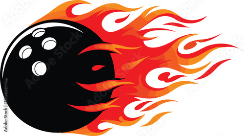 Flaming bowling ball with strike text, dynamic sports logo illustration symbolizing power, speed, competition, and energy for bowling tournament branding