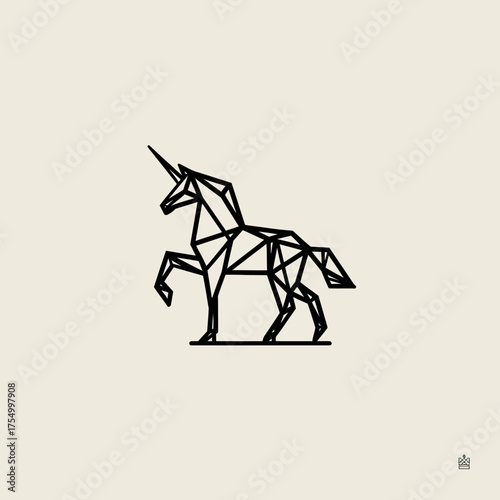 Geometric unicorn rearing up, black lines on tan background, minimalist art style