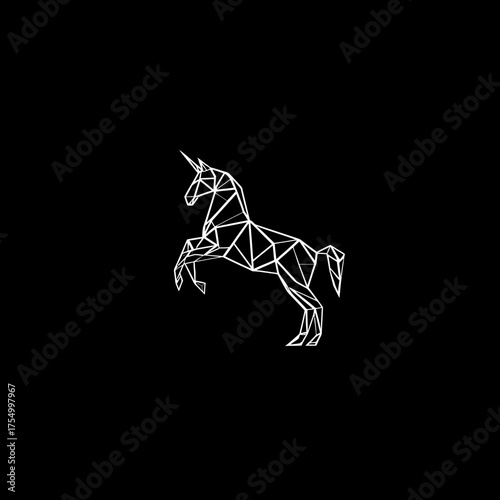 Geometric white unicorn rearing against a solid black background, minimalist