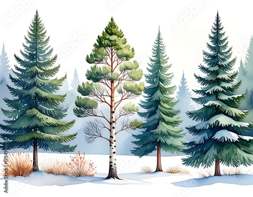 Watercolor Winter Forest - Evergreen Trees in a Snowy Landscape.