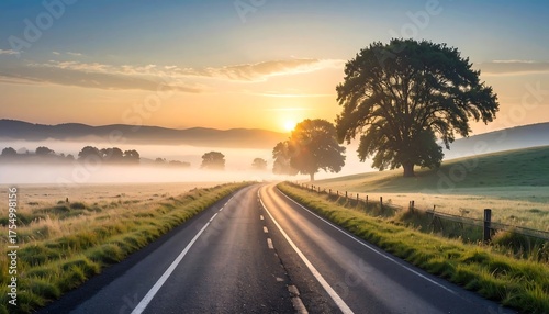 Scenic sunrise illuminating an empty road winding through countryside