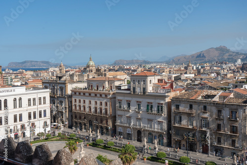 Wide panoramic view of Palermo’s historic rooftops in Sicily, Italy, traditional Italian cityscape.