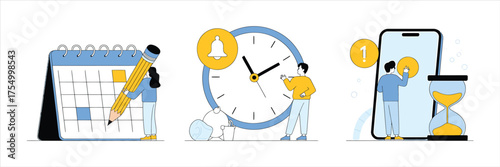 Vector art of diverse individuals managing time effectively, scheduling appointments, setting reminders, and tracking deadlines