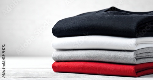 Stack of colorful tshirts folded neatly on a white wooden surface