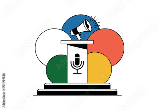 Vector art of podium with microphone and megaphone for speech