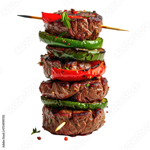 Stacked grilled beef and colorful peppers, skewered, isolated on black