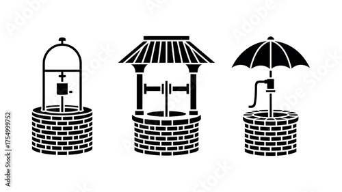 Vector art of three different water wells in black and white