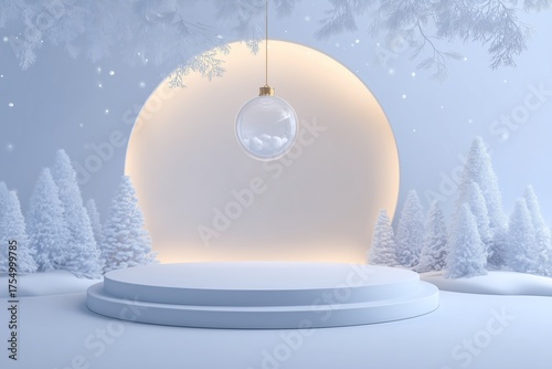 Decorative Holiday Ornament Suspended Above a White Platform in a Winter Wonderland Setting