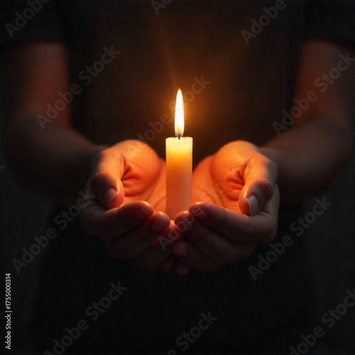 Lit Candle Held in Hands in Darkness Symbolizing Hope, Peace, and Reflection