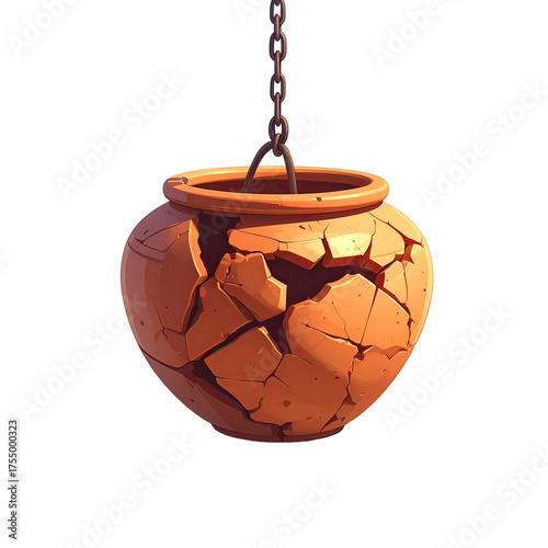 Cartoon style cracked ceramic pot hanging from chain. Sunlight on the surface. Black backdrop