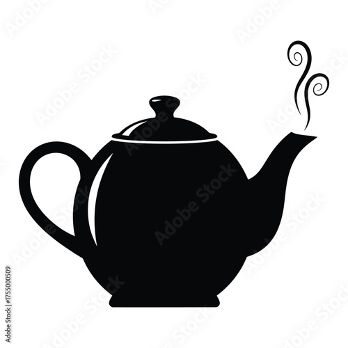 Elegant Black Teapot Illustration with Steam on a White Background