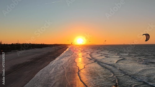 Aerial view of sunset at Preá Beach, a kitesurf point near Jericoacoara Village - Cruz, Ceará, Brazil