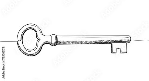Single line art of an old-fashioned key, minimalist access concept