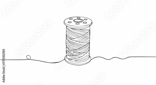 Single line art of a spool of thread, minimalist craft concept