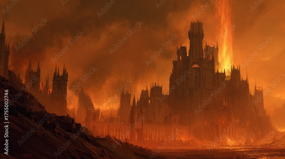 Obraz premium Fire blazes from the towers of a majestic fortress silhouetted against a fiery sky evoking awe and destruction.