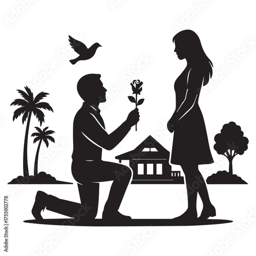 Silhouette of a man proposing marriage to a woman with a rose in a tropical setting with palm trees and a house