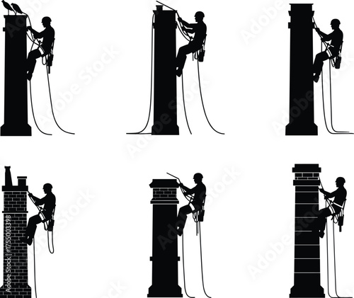 Professional chimney sweep working on high-rise chimneys using safety ropes, tools, and harness, silhouette of industrial climber cleaning and maintaining tall brick chimneys.