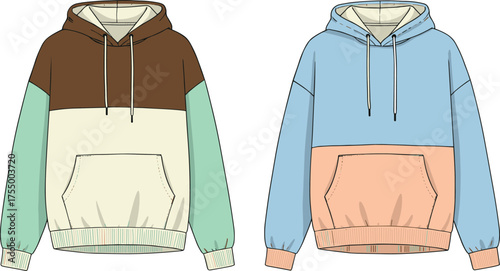Color block hooded sweatshirt sketch, front view comparison, fashion flat drawing, casual hoodie design, garment construction vector, apparel template