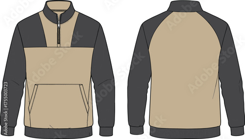 Color block pullover jacket sketch, front and back view, high collar design, fashion flat drawing, garment construction vector, apparel template
