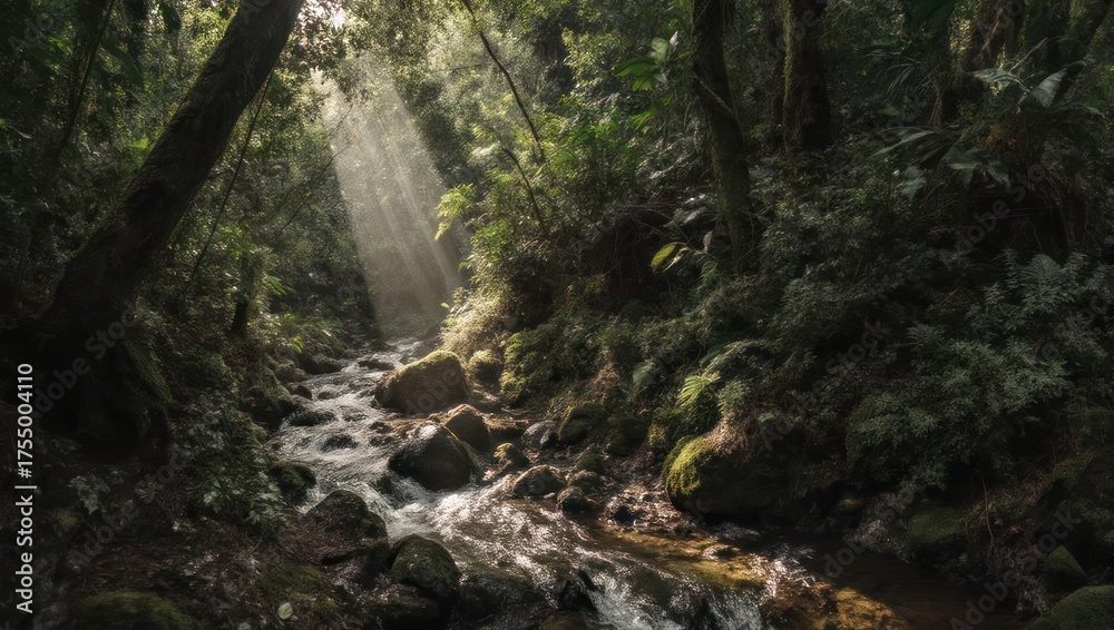 Obraz premium Sunbeams illuminate a serene stream flowing through a lush, verdant forest with dense foliage
