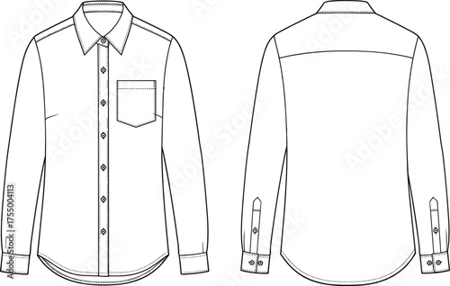 Long sleeve button-up shirt technical fashion sketch, front and back view, pointed collar, chest pocket, curved hem, garment construction, apparel design
