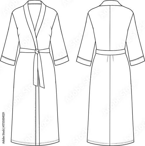 Long robe technical sketch, front and back view, shawl collar dressing gown design, fashion flat drawing, garment construction vector, apparel template