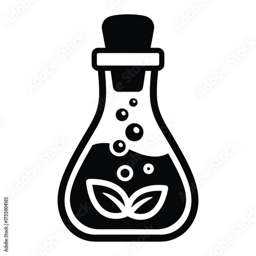 Herbal elixir in potion bottle with leaves and bubbles silhouette