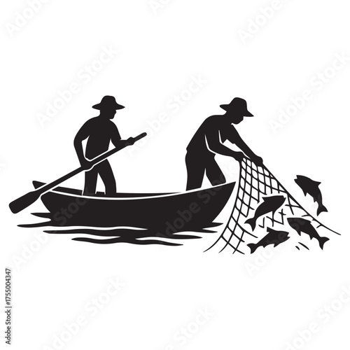 Two silhouette fishermen in a rowboat casting a net to catch fish from a body of water on a white background