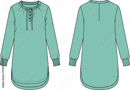 Long sleeve tunic top sketch, front and back view, gathered neckline design, fashion flat drawing, garment construction vector, apparel template