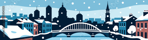 Snowy cityscape illustration with bridge and buildings