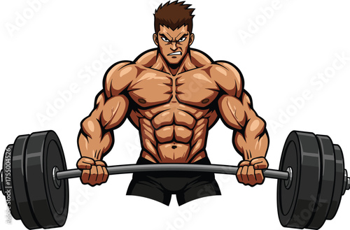 Muscular cartoon weightlifter illustration, barbell lifting pose, fitness motivation artwork, bodybuilding character vector, gym strength training concept, athletic workout design