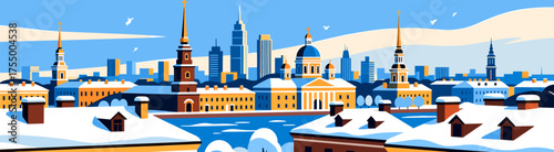 Cityscape illustration with snow-covered rooftops