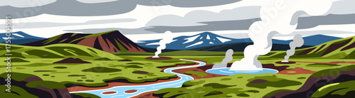 Geothermal landscape illustration with green hills