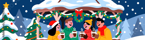 Group enjoying hot drinks at Christmas kiosk