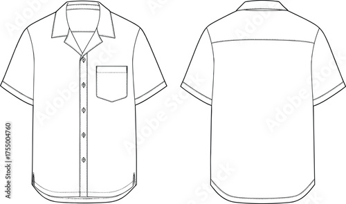 Short sleeve button-up shirt technical fashion sketch, front and back view, classic collar, chest pocket, curved hem, garment construction, apparel design