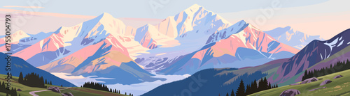 Scenic mountain landscape illustration with pastel colors