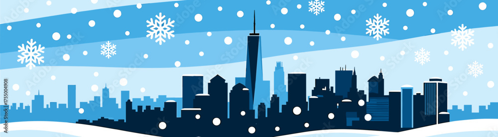 Fototapeta premium Winter city skyline with snowflakes on blue background