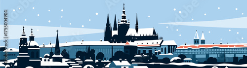 Winter cityscape illustration with snowy rooftops