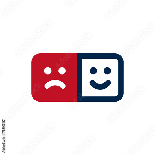 A split illustration presents two emotions. Sad face on red, happy face on white, in a rectangle