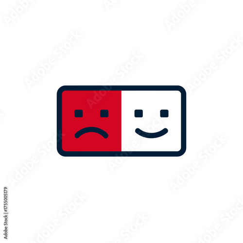 A divided rectangular image, depicting two faces one sad, red-filled; other happy, white