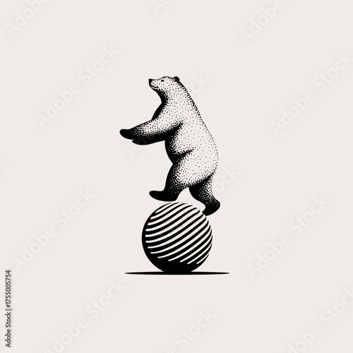 A dotted graphic of a bear balancing on a striped ball, with a minimalist and vintage aesthetic