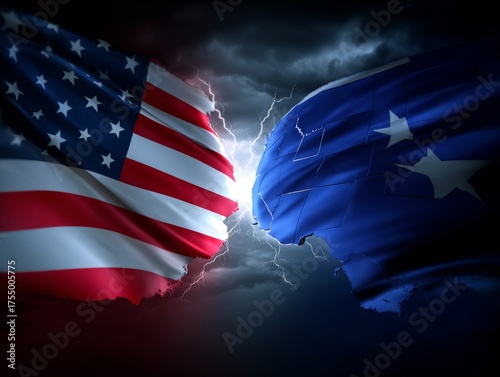 American flag splitting with lightning showing national division