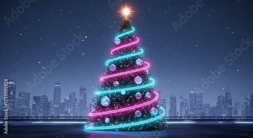 Christmas tree city skyline neon lights holiday season festive celebration winter scene background