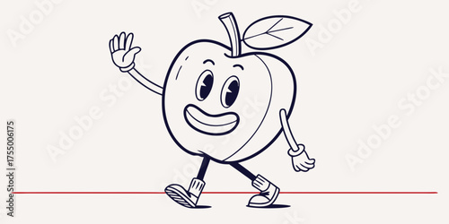 Smiling apple waving hand, fun cute flat vector cartoon illustration