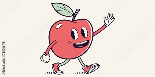 Happy smiling apple waving hand, cute minimal flat vector illustration
