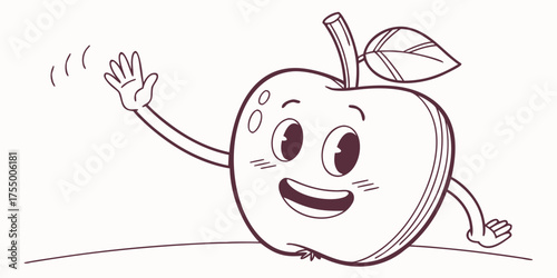 Smiling apple waving hello, cute flat minimal vector illustration
